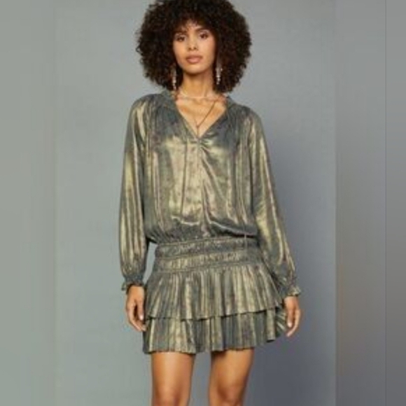 Anthropologie Current Air Gold Satin Metallic Floral Tired Mini Dress Medium - Picture 1 of 8